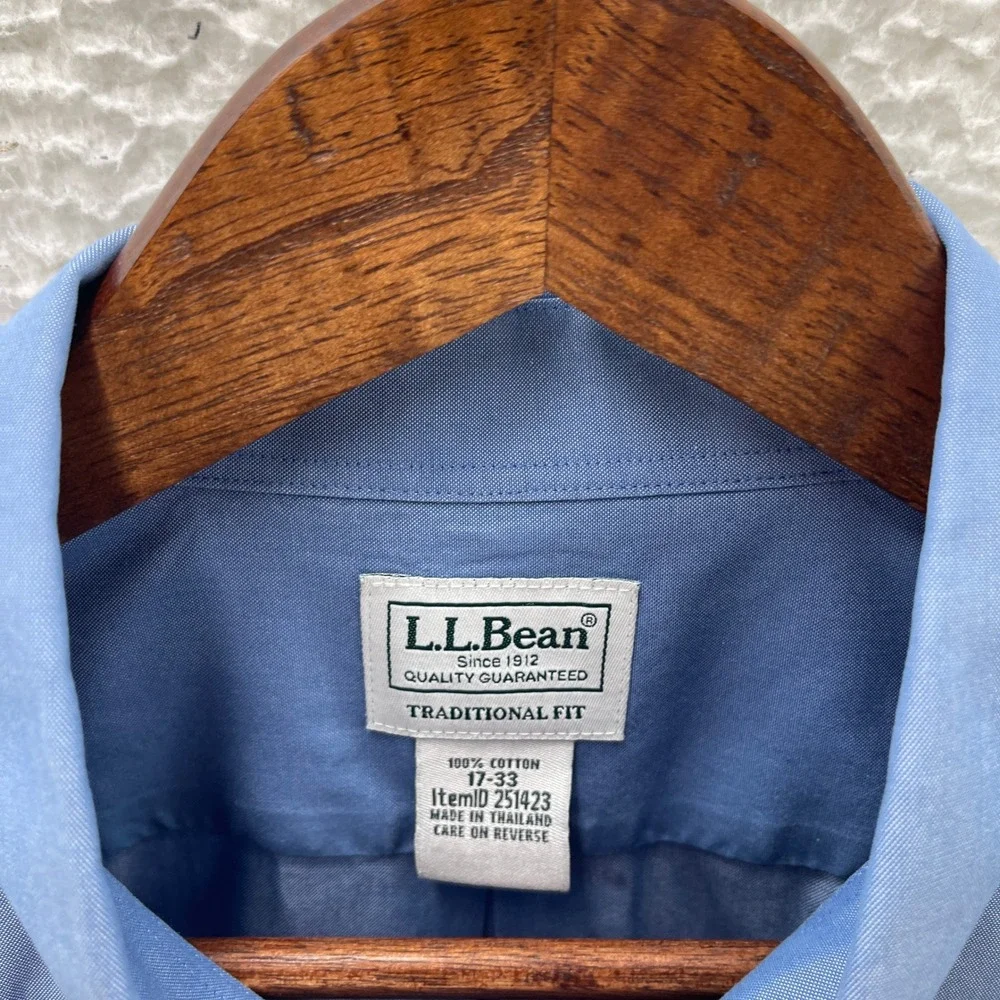 LL Bean Shirt Mens 17 33 Blue Pinpoint Oxford OCBD Long Sleeve Preppy Office